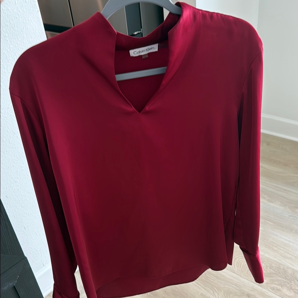 Calvin Klein Red Long Sleeve Mandarin Collar Blouse